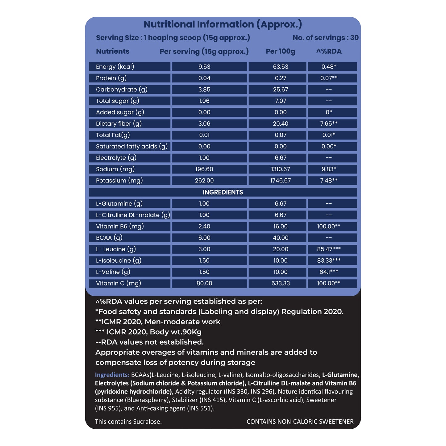 NutraX BCAA Blue Raspberry favored nutritional information