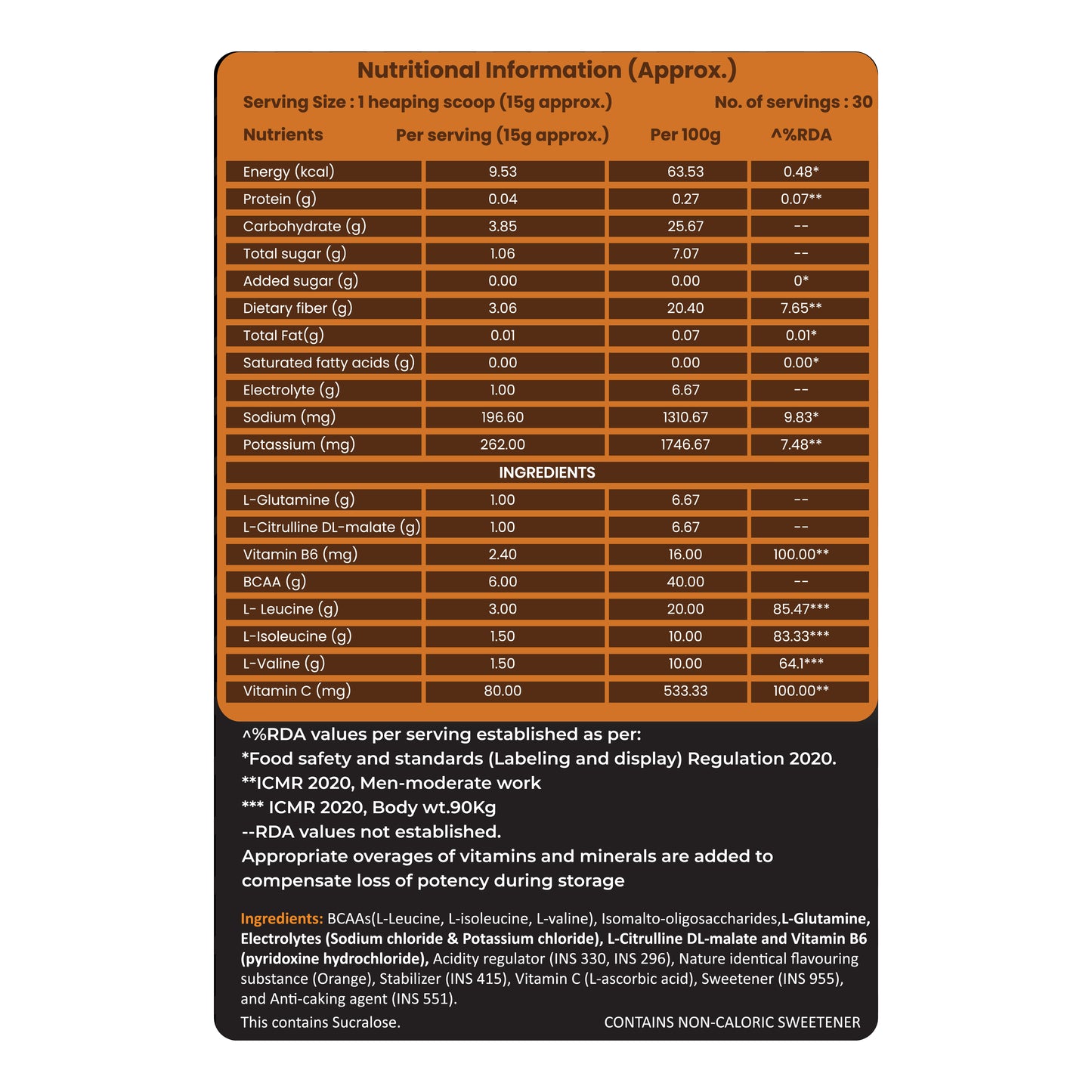 NutraX BCAA Orange flavored Nutritional information