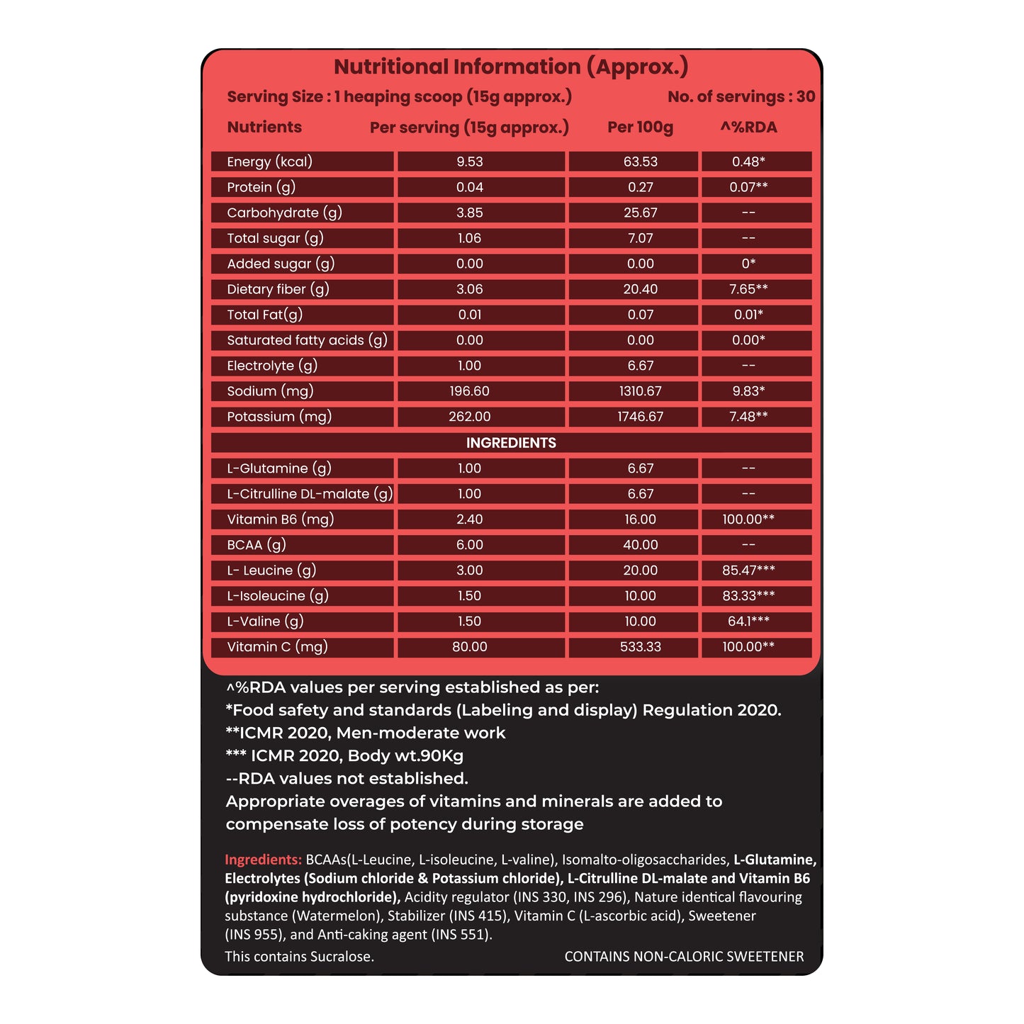 NutraX BCAA Watermelon flavored nutritional information