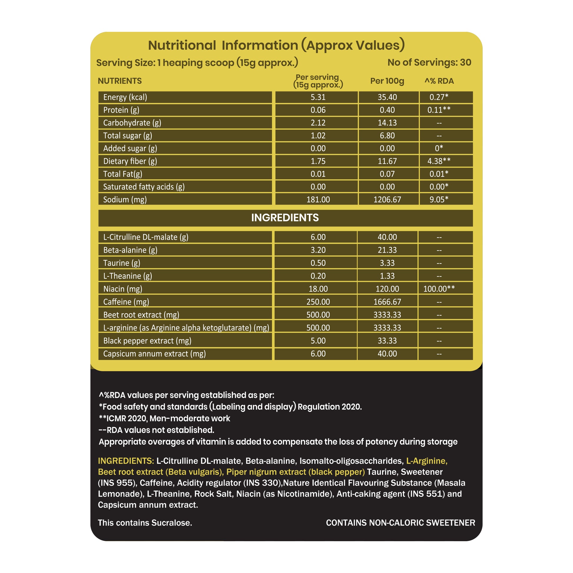 NutraX Pre Workout Masala Lemonade - Nutrition and ingredient