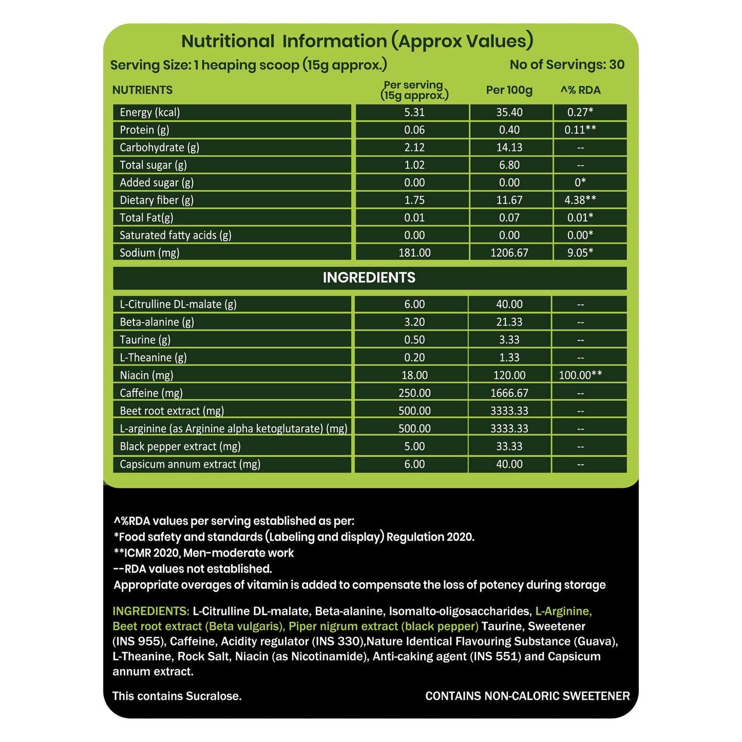 NutraX Pre Workout Powered Spicy Guava Ingredient and nutrition