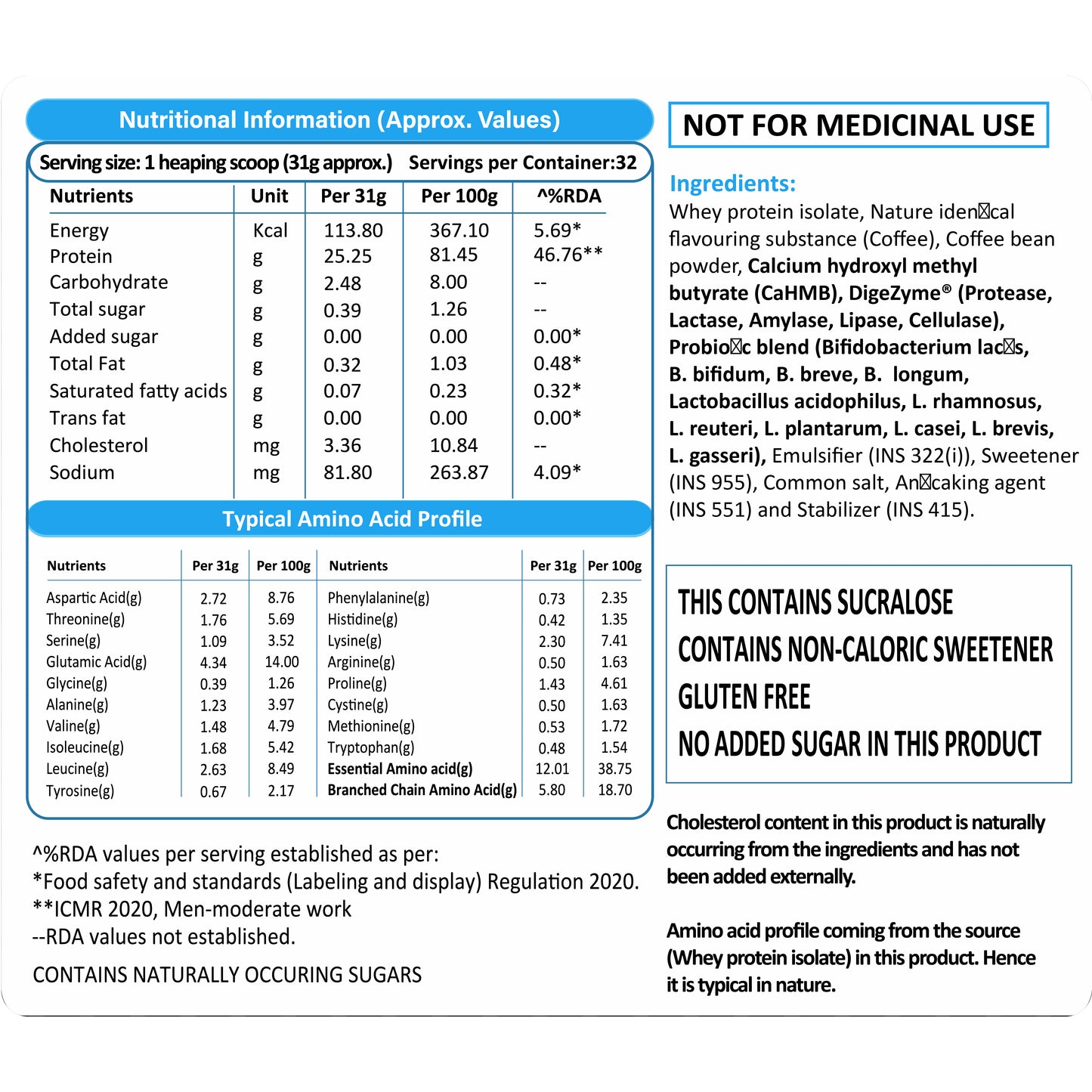 NutraX Whey Protein Isolate nutritional information