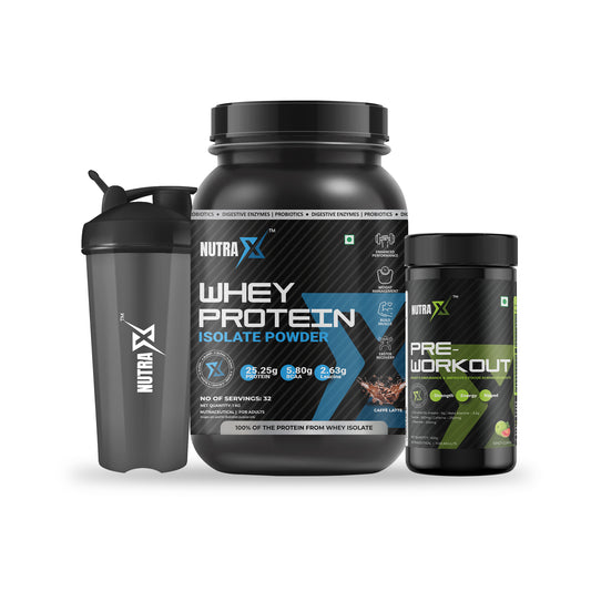 Isolate whey protein, Gym shaker, and Pre Workout Power pump Combo