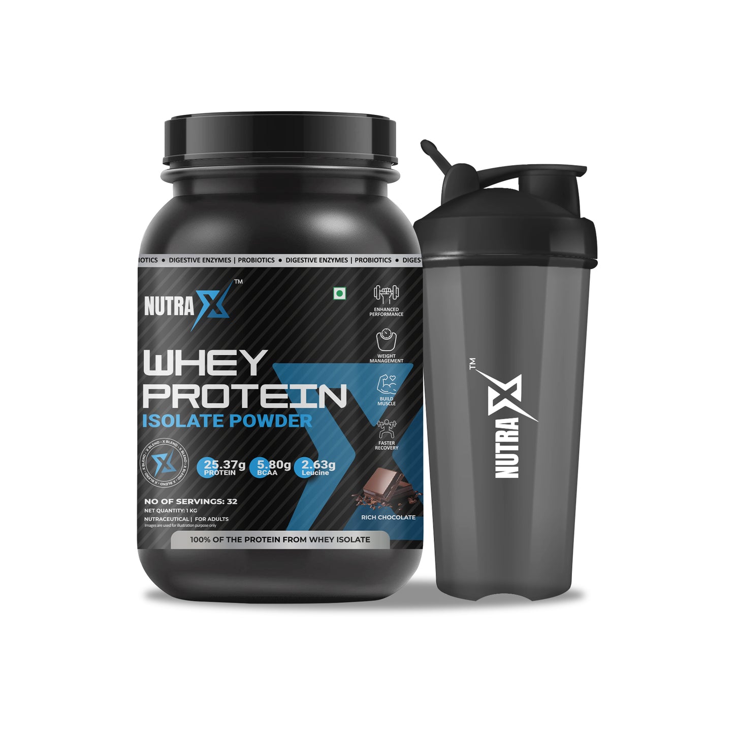 Isolate Whey Protein rich chocolate and Gym Shaker