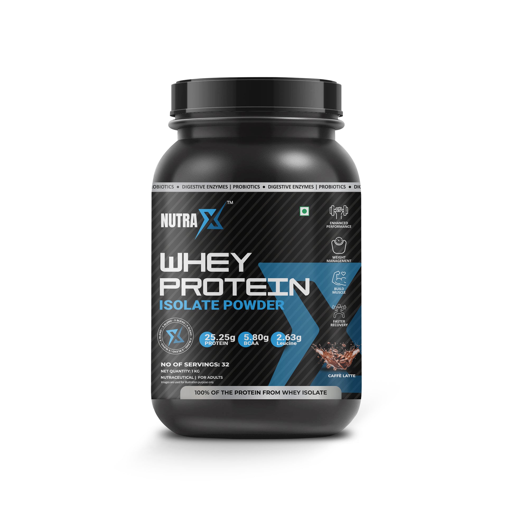 NutraX 100% Whey Protein Isolate Powered By X-Blend 1 Kg (2.2 lbs), Cafe Latte - NutraX