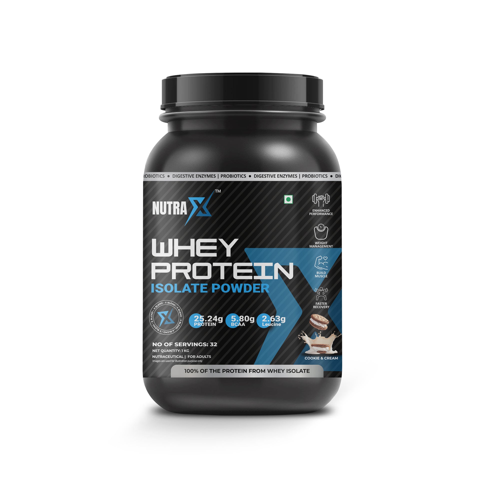 NutraX 100% Whey Protein Isolate Powered By X-Blend 1 Kg (2.2 lbs), Cookie & Cream - NutraX