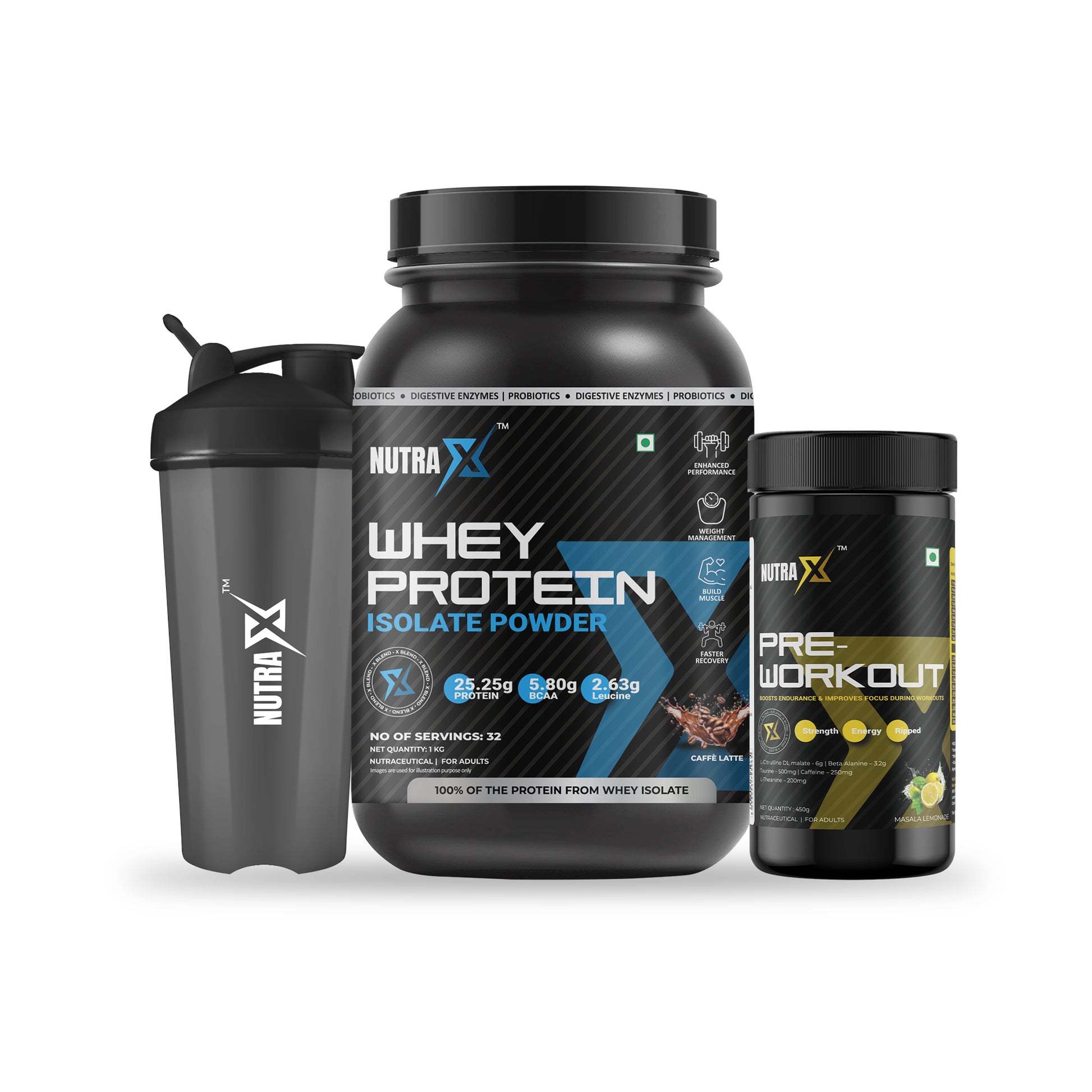 WPI Cafe latte, Pre Workout Masala lemonade and Gym Shaker Power pump combo