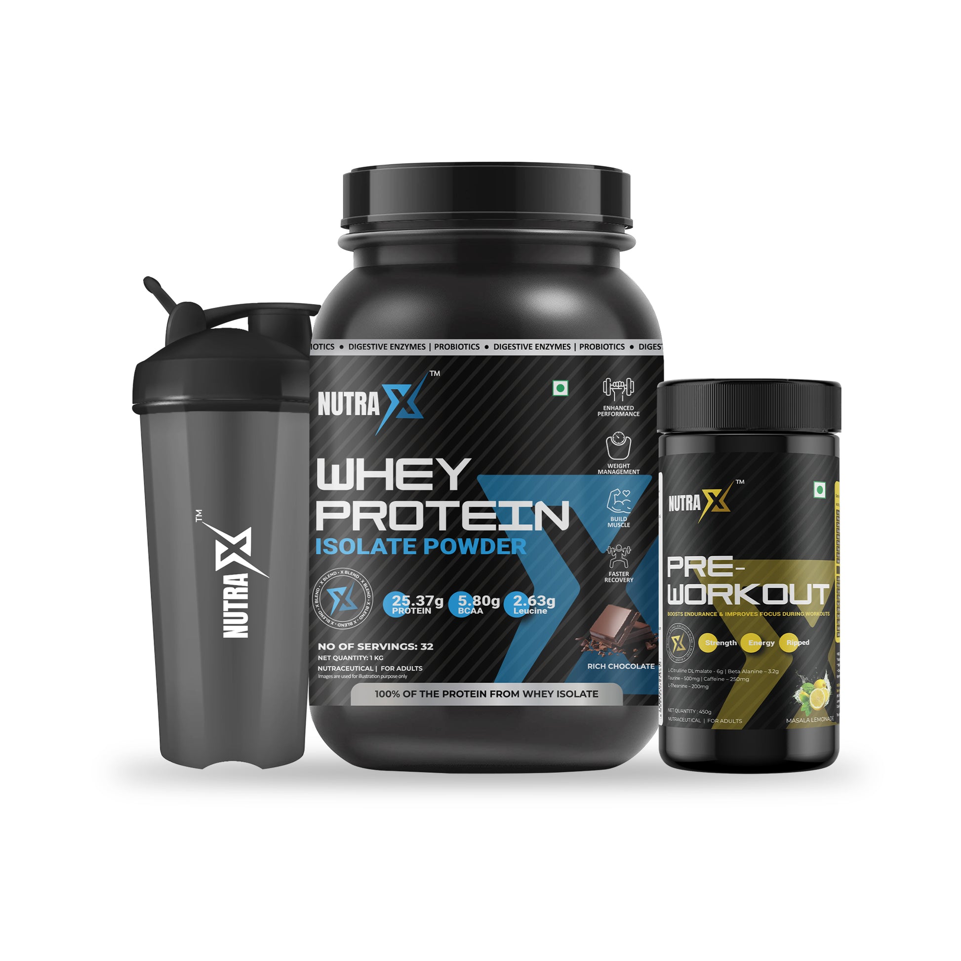 WPI rich chocolate, pre workout masala lemonade, and Gym Shaker power pump combo