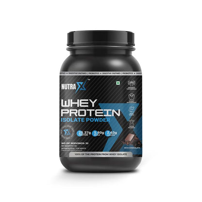 NutraX 100% Whey Protein Isolate Powered By X-Blend 1 Kg (2.2 lbs), Rich Chocolate - NutraX